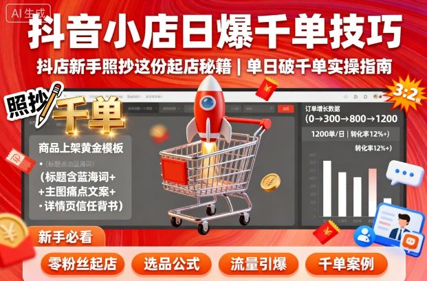 抖音小店日爆千单技巧，抖店新手照抄这份起店秘籍，单日破千单-聊项目