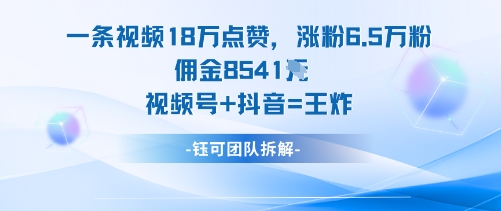 一条视频18W点赞，涨粉6.5W粉佣金8541米，视频号+抖音=王炸-聊项目