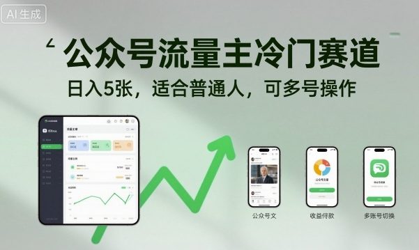公众号流量主冷门赛道，日入5张，适合普通人，可多号操作-聊项目