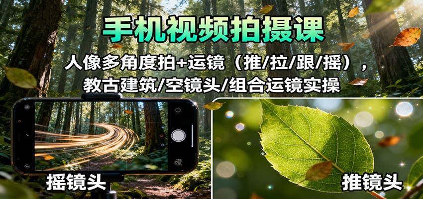 手机视频拍摄课：人像多角度拍+运镜(推/拉/跟/摇)，古建筑/空镜头/组合运镜实操-聊项目