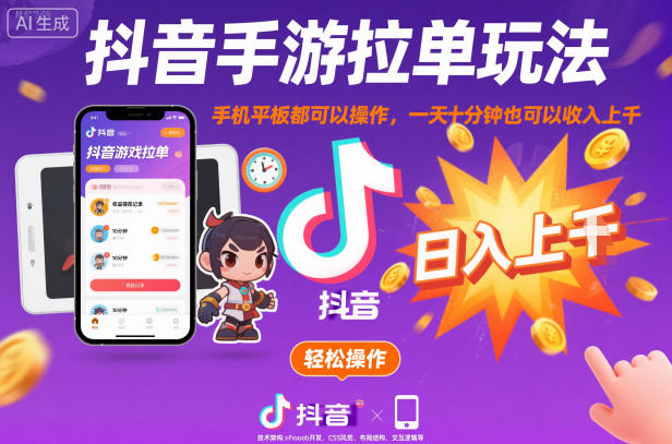 抖音手游拉单玩法，手机平板都可以操作，一天十分钟也可以收入上K【揭秘】-聊项目