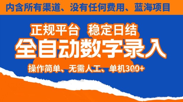 全自动数字录入，单机日入3张+，内含所有渠道全程免费零成本，操作简单可矩阵开干【揭秘】-聊项目