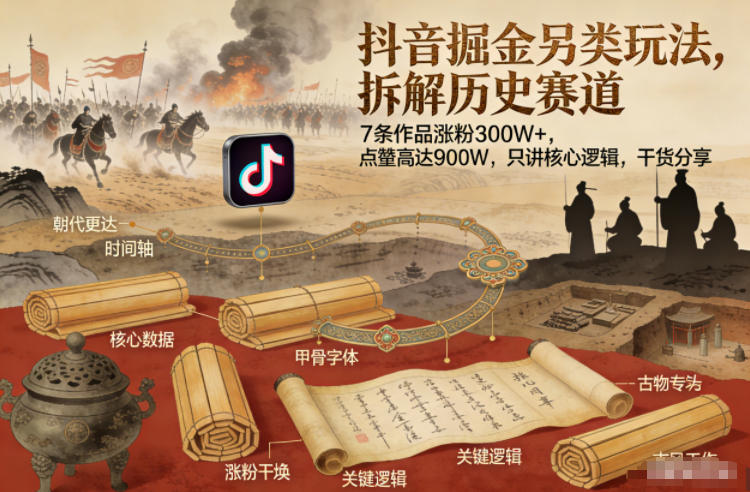 抖音掘金另类玩法，拆解历史赛道，7条作品涨粉300W+，点赞量高达900W，只讲核心逻辑，干货分享-聊项目