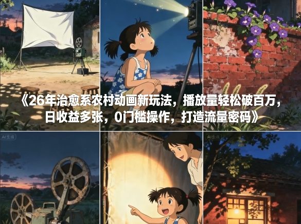 26年治愈系农村动画新玩法，播放量轻松破百万，日收益多张，0门槛操作，打造流量密码-聊项目