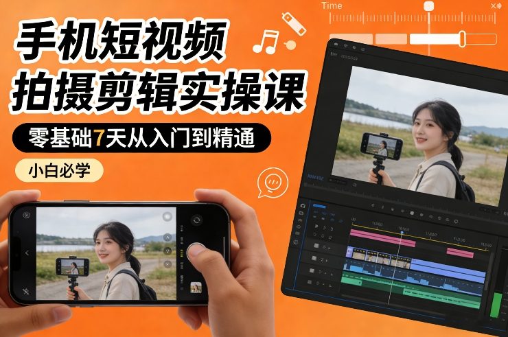 手机短视频拍摄剪辑实操课，零基础7天从入门到精通，小白必学-聊项目