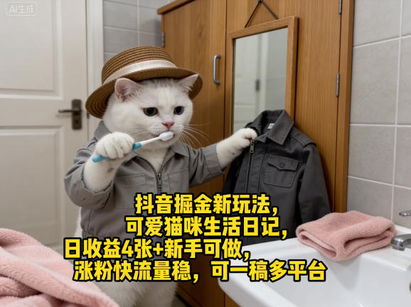 抖音掘金新玩法，可爱猫咪生活日记，日收益4张+新手可做，涨粉快流量稳，可一稿多平台-聊项目