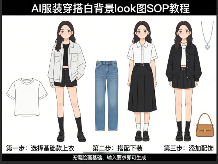 AI服装穿搭白背景look图SOP教程，不用会画画，提几句具体要求，AI就能还你一个奇迹-聊项目
