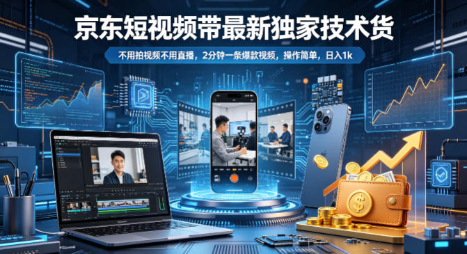 京东短视频带货最新独家技术，不用拍视频不用直播，2分钟一条爆款视频，操作简单，日入1k+【揭秘】-聊项目