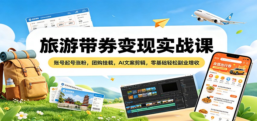 旅游带券变现实战课：账号起号涨粉，团购挂载，AI文案剪辑，零基础轻松副业增收-聊项目