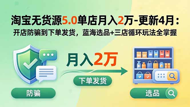 淘宝无货源5.0单店月入2万-更新5月：开店防骗到下单发货，蓝海选品+三店循环玩法全掌握-聊项目