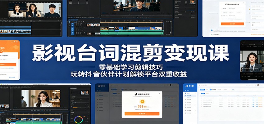 影视台词混剪变现课：零基础学习剪辑技巧，玩转抖音伙伴计划解锁平台双重收益-聊项目