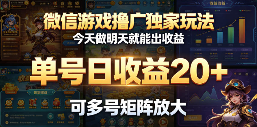 微信游戏撸广独家玩法，今天做明天就能出收益，单号日收益20+，可多号矩阵放大-聊项目