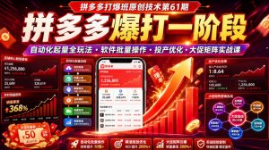 拼多多打爆班原创技术第61期，拼多多爆打一阶段，自动化起量全玩法・软件批量操作・投产优化・大促矩阵实战课-聊项目