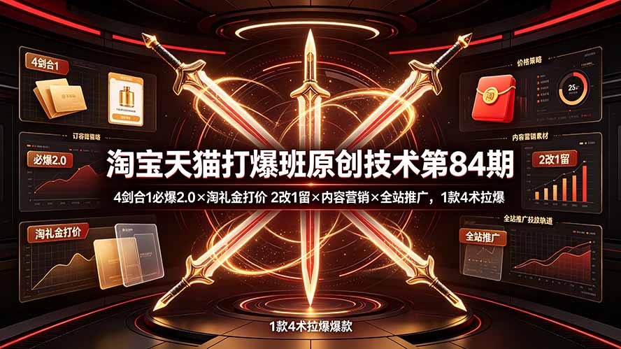 淘宝天猫打爆班原创技术第84期：4剑合1必爆2.0×淘礼金打价×2改1留×内容营销×全站推广，1款4术拉爆-聊项目