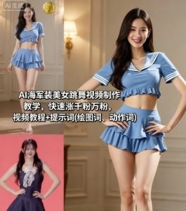 AI海军装美女跳舞视频制作教学，快速涨千粉万粉，视频教程+提示词(绘图词、动作词)-聊项目