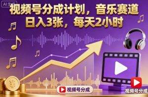 视频号分成计划,音乐赛道,日入3张,每天2小时-聊项目