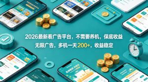 2026最新看广告平台，不需要养机，保底收益，无限广告，多机一天200+，收益稳定【揭秘】-聊项目