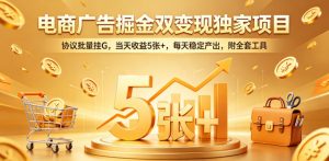 电商广告掘金双变现独家项目,协议批量挂G,当天收益5张+,每天稳定产出,附全套工具【揭秘】-聊项目