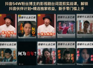 抖音54W粉丝博主的影视剧台词混剪实战课，解锁抖音伙伴计划+精选独家收益，新手零门槛上手-聊项目