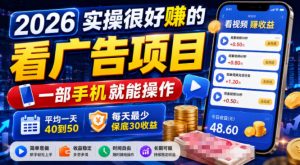2026实操很好賺的看广告项目,一部手机就能操作,平均一天40到50,每天最少保底30收益【揭秘】-聊项目